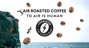 A person is cliff diving into the ocean with roasted coffee beans scattered around. Text reads,