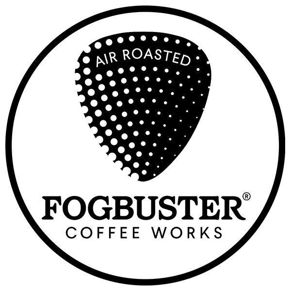 A black and white logo for Fogbuster Coffee Works featuring a guitar pick shape with the text