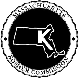 The image shows a circular logo for the Massachusetts Kosher Commission. The outer ring displays the organization's name, while the inner circle contains a map outline of Massachusetts with a large "K" in the center, representing kosher certification.