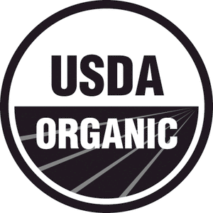 A black and white circular seal featuring the text "USDA ORGANIC." The lower half of the circle shows a stylized depiction of a field with lines representing crop rows.
