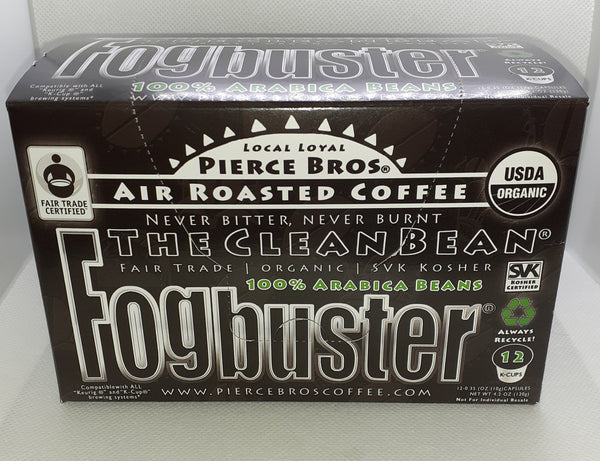 Fogbuster Coffee. Air Roasted Coffee. Pierce Brothers. Pierce Brothers Coffee. Pierce Bros. Coffee. K- Cups. Single Serve Coffee. Super Dark Roast. Dark Roast. Smoky. Smooth. Low Acid. Won't upset your stomach. Not bitter. Premium Coffee. Gourmet Coffee. Massachusetts. New England. Greenfield. Greenfield Massachusetts. Mohawk Trail. Family Owned. Small Business. Eco Friendly. Organic. Fair Trade. Kosher. 100% Arabica beans. Shade Grown. Bird Friendly.