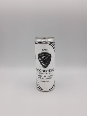 A silver can of Fogbuster® Coffee Works Fogbuster Black Nitro Cold Brew stands upright on a white background. The shelf-stable label features black text and graphics, including instructions to "shake hard" before drinking.