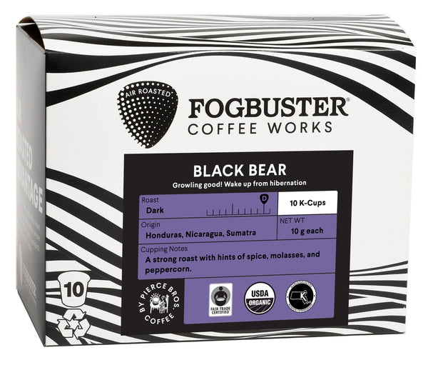 Box of Fogbuster® Coffee Works "Black Bear" Air-Roasted Single Serve K-Cups (Gourmet - Low Acid) in a 10-count pack featuring dark roast coffee with origins from Honduras, Nicaragua, and Sumatra. Cupping notes reveal a robust roast with hints of spice, molasses, and pepper. USDA organic and fair trade certified.