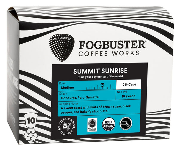 A box of Fogbuster® Coffee Works "Air-Roasted" Single Serve K-Cups contains 10 gourmet, low-acid coffee pods. This medium roast blend features beans from Honduras, Peru, and Sumatra with tasting notes of brown sugar, black pepper, and baker's chocolate. The premium shade-grown coffee is both Fair Trade and USDA Organic certified.