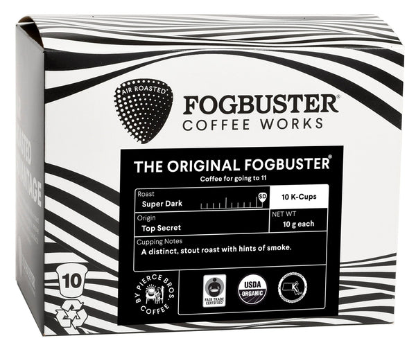 A box of Fogbuster® Coffee Works labeled "Air-Roasted - Single Serve K-Cups (Gourmet - Low Acid - Single Serve Coffee)" contains 10 individual K-Cups of super dark roast coffee, each weighing 10 grams. The origin is "Top Secret," and cupping notes mention a "distinct, stout roast with hints of smoke." It is certified for air roasting technology, USDA organic, and recyclability.