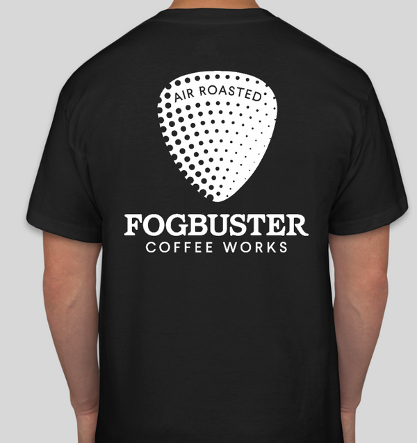 Black, 100% cotton T-shirt, with white Fogbuster® Coffee Works logo on the back