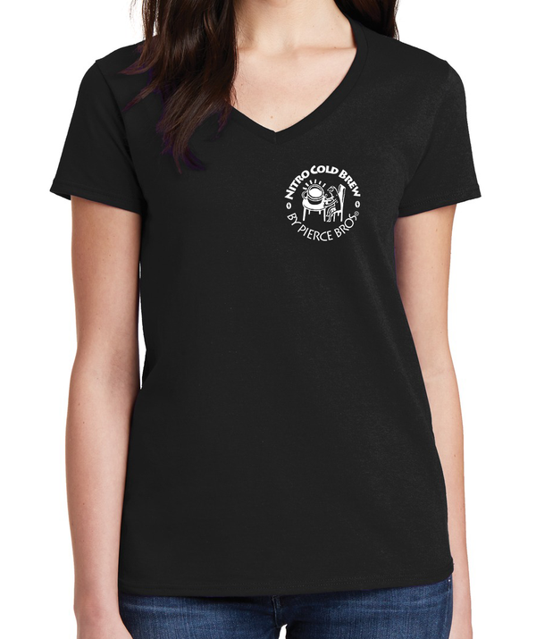 Black, 100% cotton, V-neck T-shirt, with white Nitro Cold Brew by Pierce Bros. logo on front