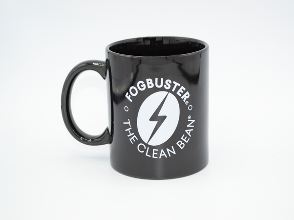 Black, Ceramic, Mug, with White Foguster® Coffee works Logo and The Clean Bean® symbol 