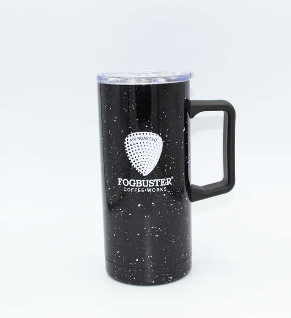Metal Travel Mug, With a Clear plastic lid, Black With White flecks, and the Fogbuster® Coffee works logo