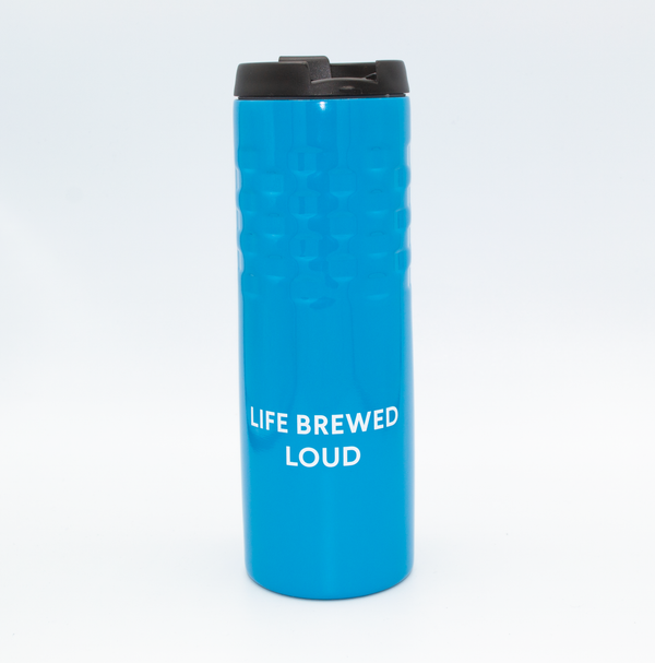 Metal Travel Mug,  Turquoise with a black plastic lid, the Fogbuster® Coffee Works logo and the words, Life Brewed Loud®