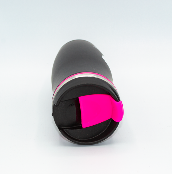 Metal Travel Mug, With a black and pink plastic lid, Black With pink Accents, and the Fogbuster® Coffee works logo. 