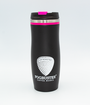 Metal Travel Mug, With a black and pink plastic lid, Black With pink Accents, and the Fogbuster® Coffee works logo.