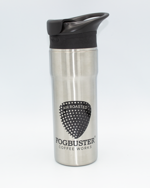 Stainless Steel, Travel Mug/Tumbler, Black Fogbuster® Coffee Works Log and a black plastic lid