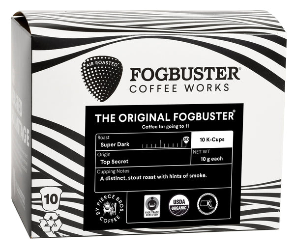 Fogbuster. Fogbuster Coffee. Air Roasted Coffee.Certified Organic, Fair Trade & Kosher, Air-Roasted Coffee, 100% Arabica Beans, Shade Grown, Super Dark Roast, Smoky, Earth, Rich Flavor, Smooth, Single Serve K-Cup. Smooth, Low Acid Coffee, Better Gut Health, Won't Upset Your Stomach. Coffee works, Fogbuster Coffee