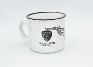 Grey, ceramic mug, featuring the classic Fogbuster® Coffee works waves and pick design